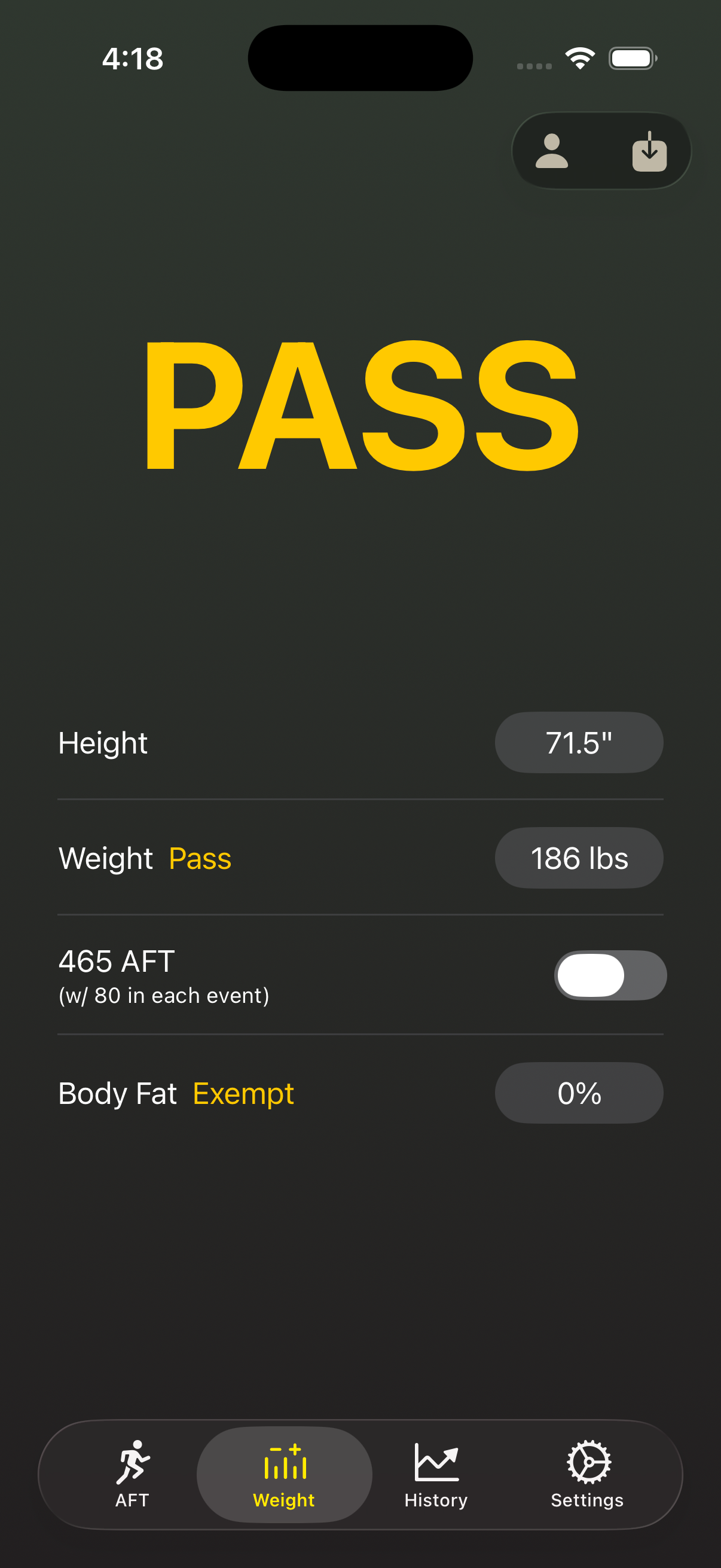 ArmyFitnessPro AFT height weight calculator screen